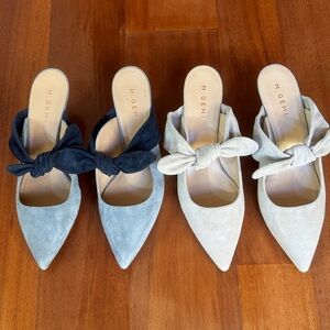 M. Gemi Pointed Suede Knot-Top Mules in Multi-Blues and Light Beige
